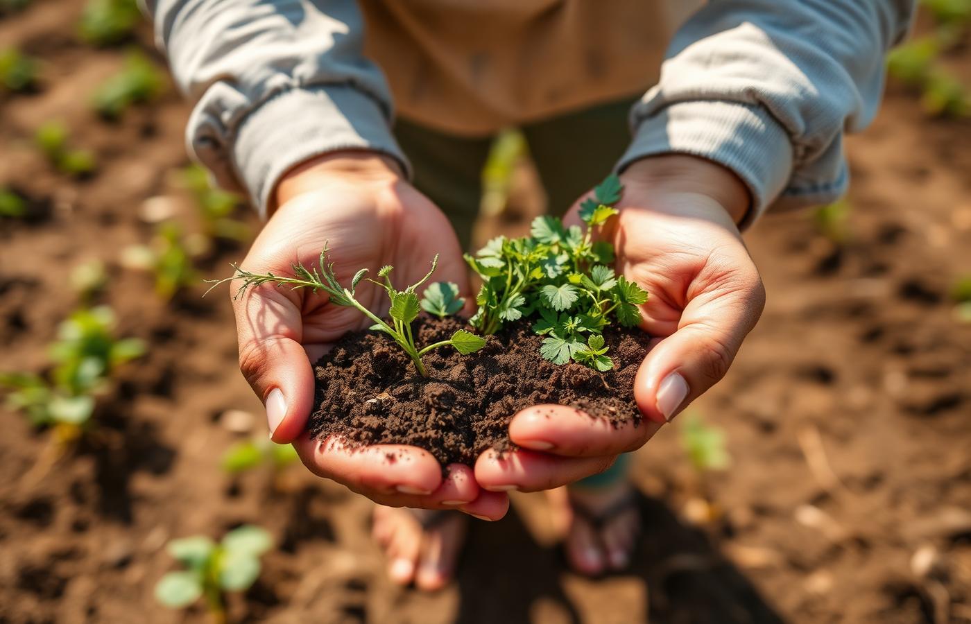 Hands holding fresh herbs and soil on an organic partner farm